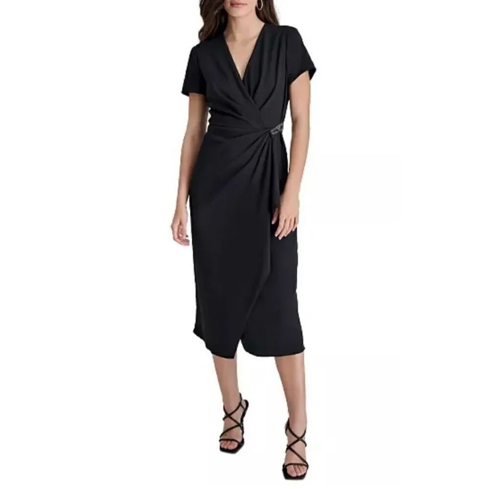 DKNY Surplice Neck Embellished Scuba Dress